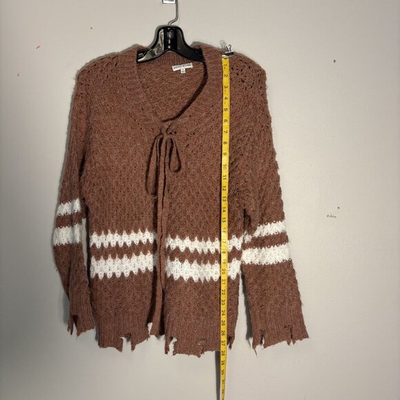 Distressed Knit Cardigan Sweater By Moon River S Brown & White Chevron Pattern - Picture 8 of 12